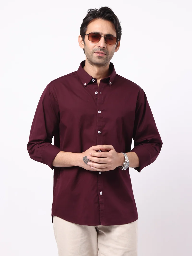 Maniac Maniac Mens Solid Collared Neck Full Sleeve Soft Twill Fabric Maroon Shirt